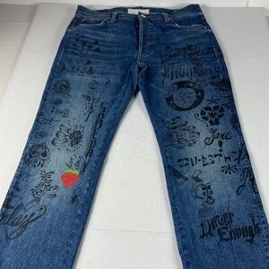 MOTHER Blue Jeans with Black Graphic Print